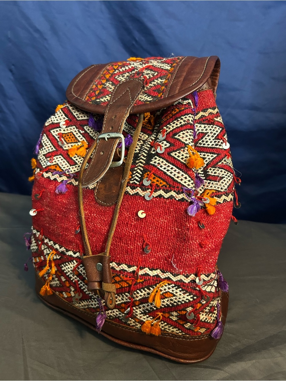 Handmade Moroccan Kilim Leather Backpack Boho Festival Tribal Travel Bag